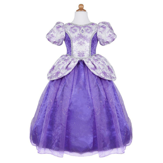 Vestito principessa classico in tulle lilla, doppio cerchio per pienezza gonna in tulle glitterato a strati, maniche corte a sbuffo, corpetto decorato, diadema centrale altezza petto