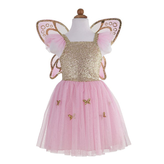 Costume intero con gonna in tulle e decorazioni di farfalle oro, corpetto glitter color oro, maniche a sbuffo, ali color rosa e oro