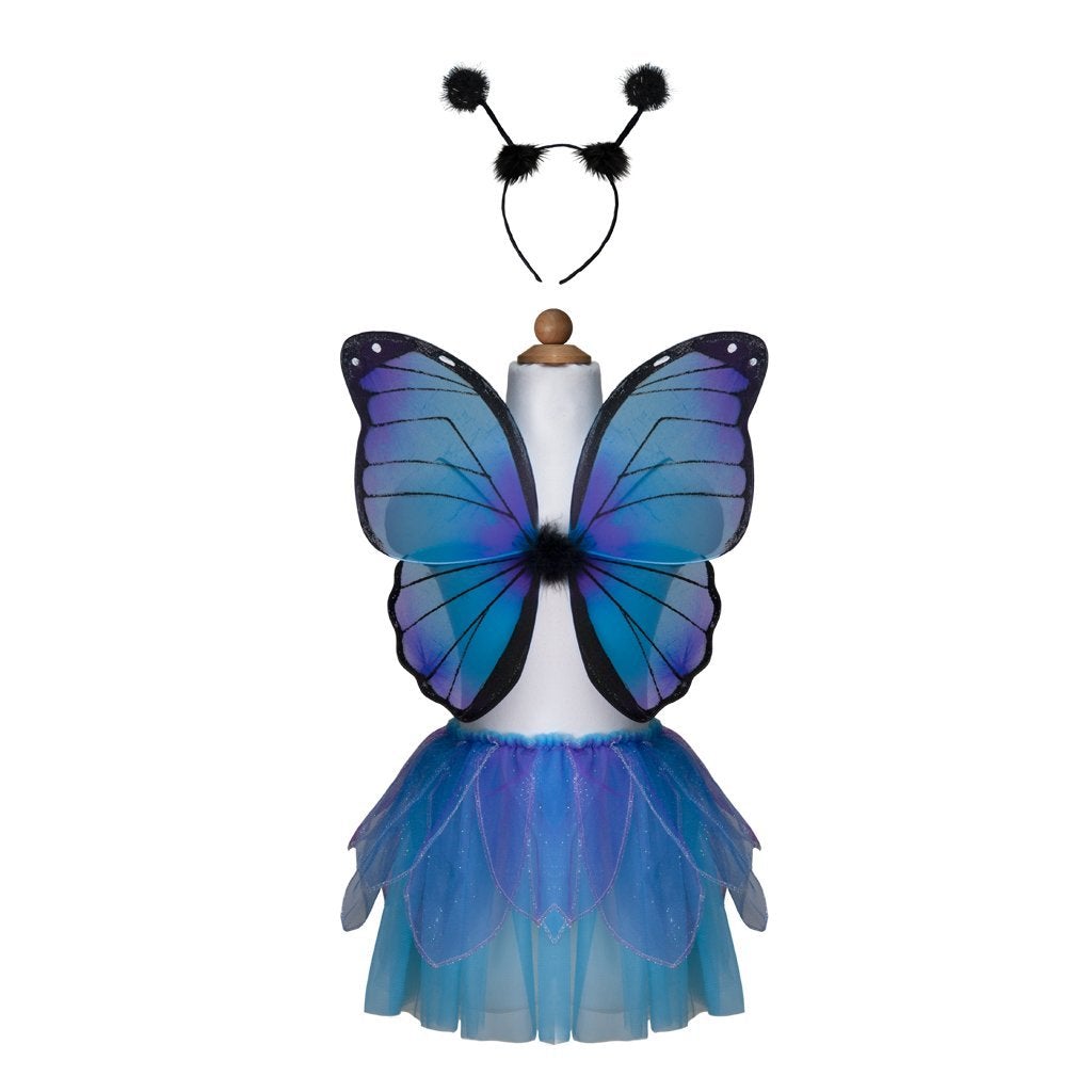 Costume farfalla, color violetto e nero, gonna con petali e ali colorate, con fiocco in centro, cerchietto con antenne con pon pon nero