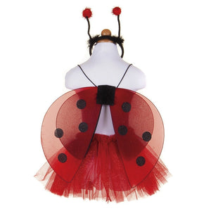 costume coccinella con tutu tulle rosso glitterato e ali rosso con pois neri, cerchietto con antenne e pon pon rossi