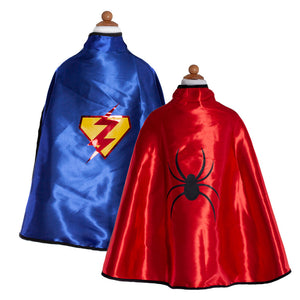 costume supereroe, mantello reversibile, blu e rosso, fulmine e ragno sulla schiena, taglia 5/6 anni