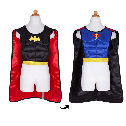 Costume supereroe, batman/flash, reversibile, nero con pipistrello giallo, blu con fulmine rosso/giallo