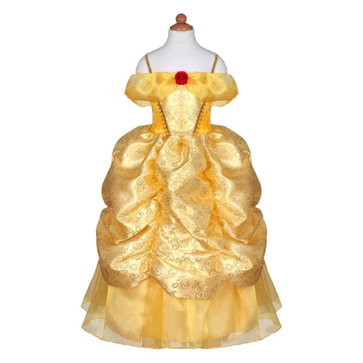 Vestito lungo da Belle, giallo ricamato, sottogonna in tulle, corpetto decorato con rosa rossa centrale altezza petto, spalline