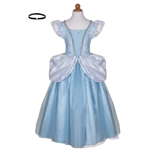 Vestito lungo color turchese, gonna in tulle glitterata, balze altezza vita, corpetto ricamato, maniche sbuffo, collier con cuoricino centrale